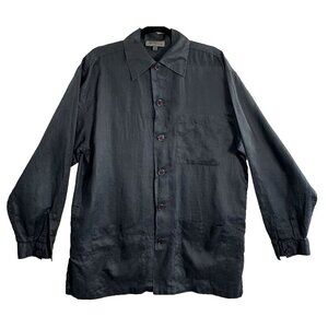 LES COPAINES Men Linen Shirt Size 54/2XL Black Long Sleeve Button Front 12-7